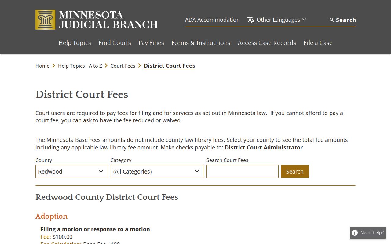 Redwood County court record certified copy fees