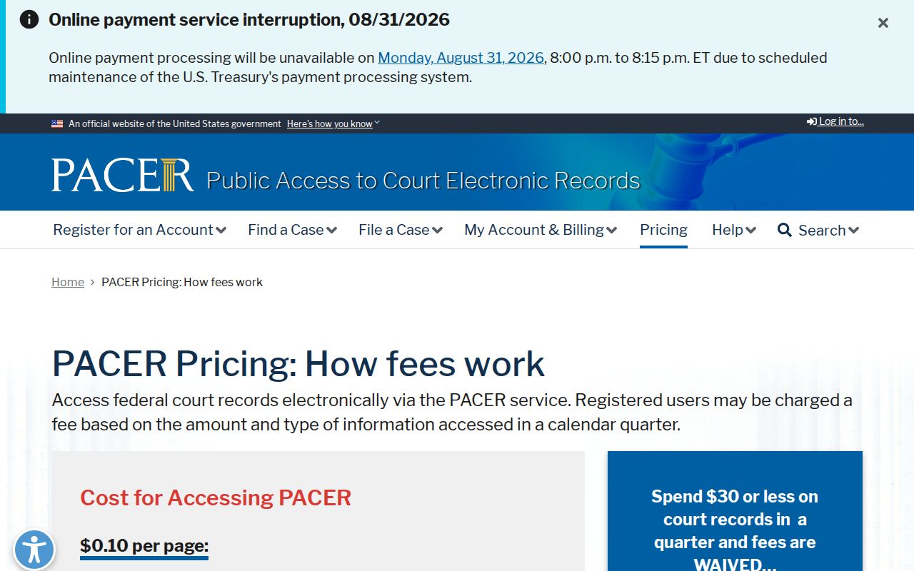 Morgan court record PACER federal case pricing source