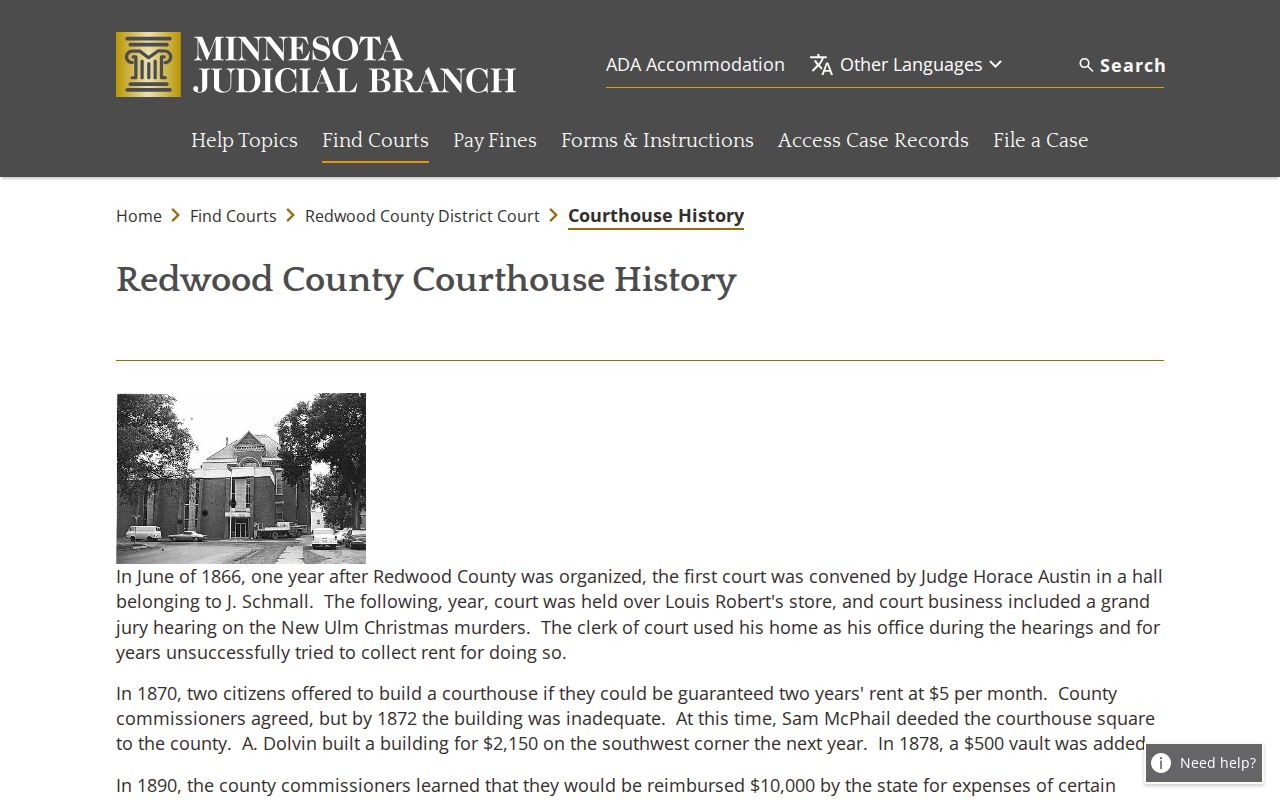 Redwood Falls court docket courthouse history